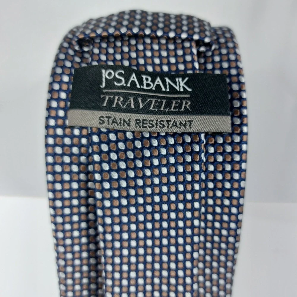 Jos A Bank Travelers Necktie Black Tan Geometric Dot‎ Tie 100% Silk 3.5